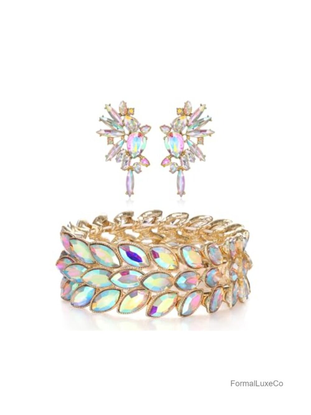 Rhinestone Art Deco Stretch Bracelet & Stud Earrings Set Jewelry Gift
